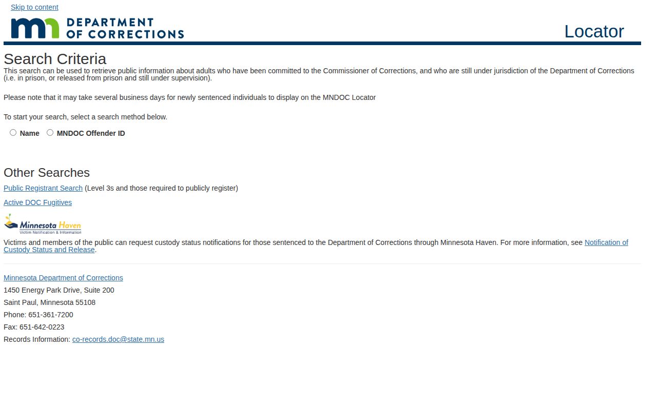 Minnesota Department of Corrections Mahnomen County sentenced offender record locator